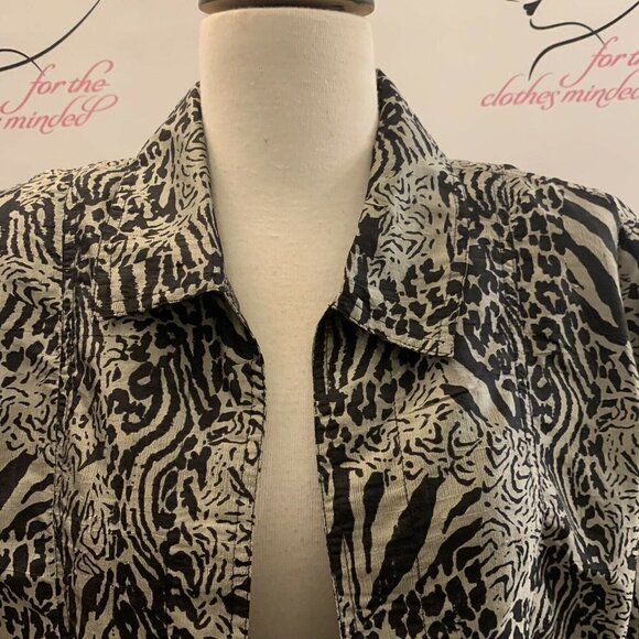 CHICO'S. Size 2 (M). Open Front Cardigan. Silk Metallic Gold and Black. B24 - Picture 2 of 5